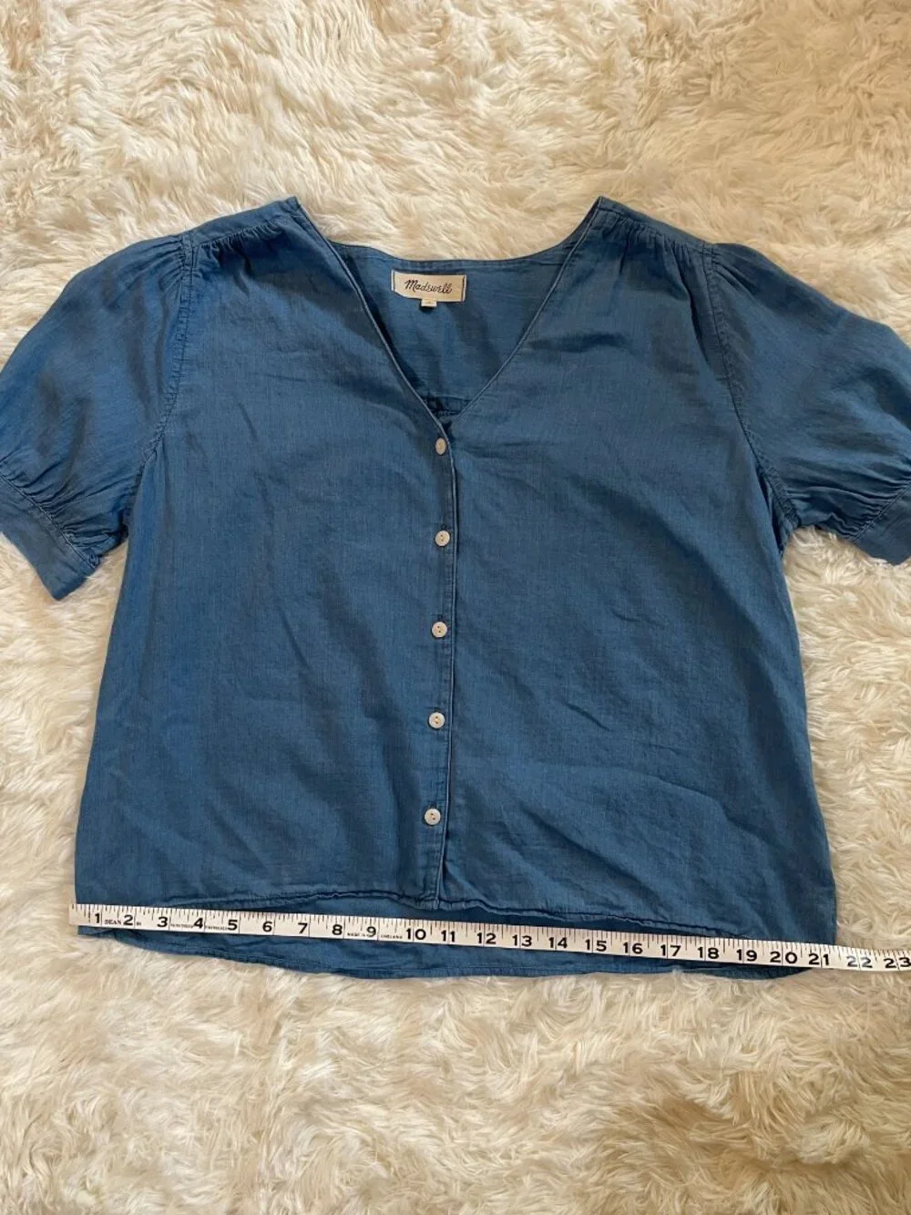 Madewell Chambray V-neck Button-down Short Sleeve Blouse Size  M
